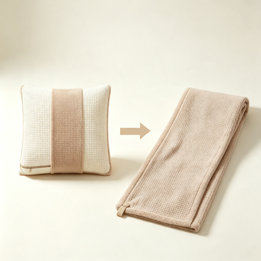 Coussin‑couverture 2‑en‑1 transformable, plaid compact à fermeture éclair, tissu gaufré doux pour canapé, lit et voyage