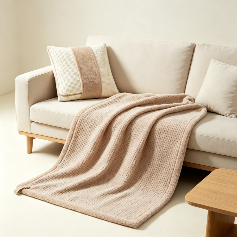 Coussin‑couverture 2‑en‑1 transformable, plaid compact à fermeture éclair, tissu gaufré doux pour canapé, lit et voyage