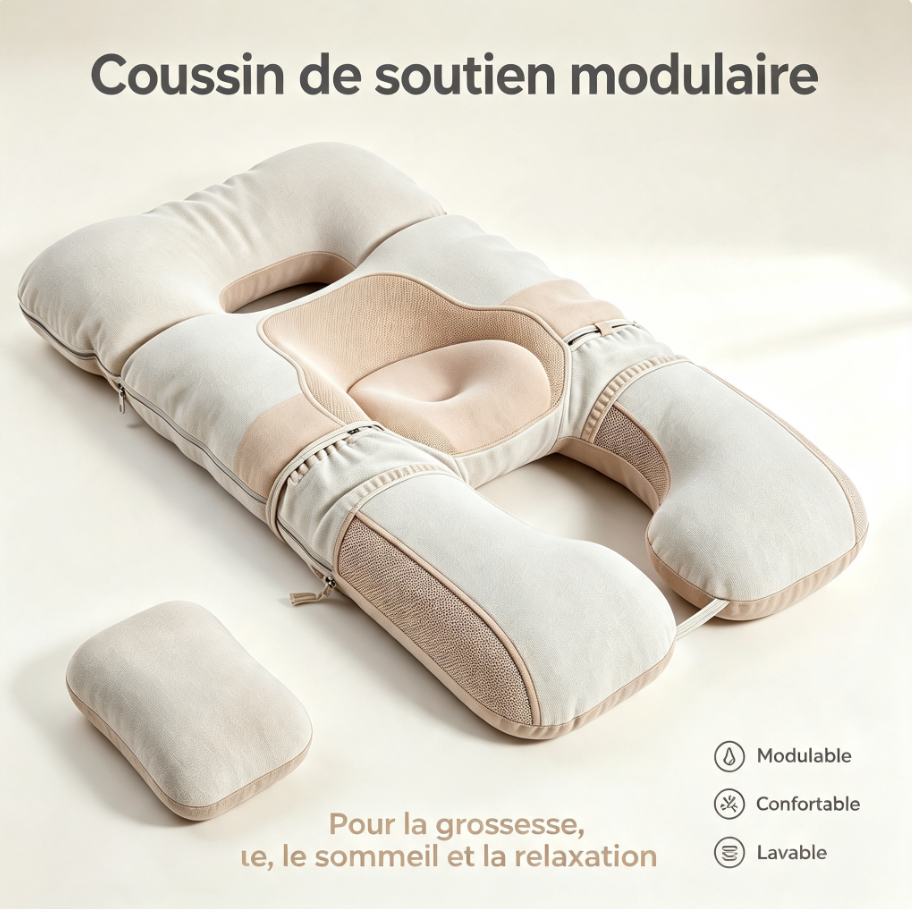 Coussin de grossesse modulaire multi‑positions, soutien ventre dos jambes, housse lavable, oreiller de sommeil latéral et relaxation