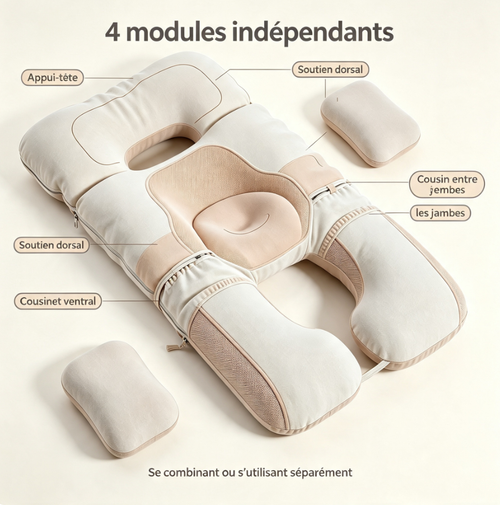 Coussin de grossesse modulaire multi‑positions, soutien ventre dos jambes, housse lavable, oreiller de sommeil latéral et relaxation