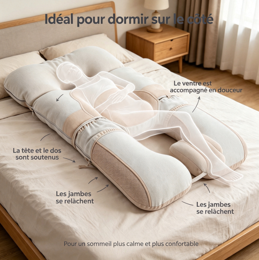 Coussin de grossesse modulaire multi‑positions, soutien ventre dos jambes, housse lavable, oreiller de sommeil latéral et relaxation
