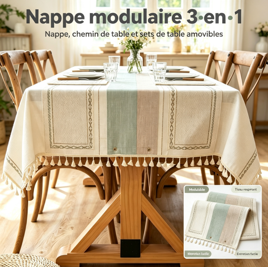 Nappe de table modulaire 3‑en‑1, ensemble complet avec chemin de table et 4 sets de table amovibles, tissu coton‑lin décoration intérieure