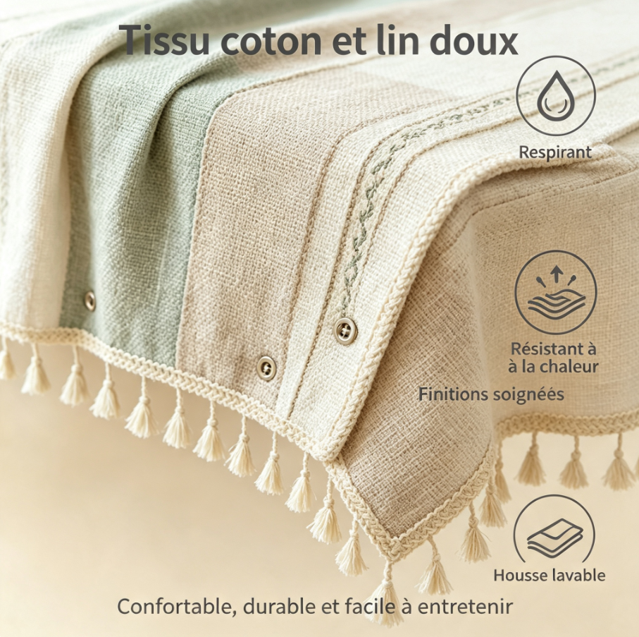 Nappe de table modulaire 3‑en‑1, ensemble complet avec chemin de table et 4 sets de table amovibles, tissu coton‑lin décoration intérieure