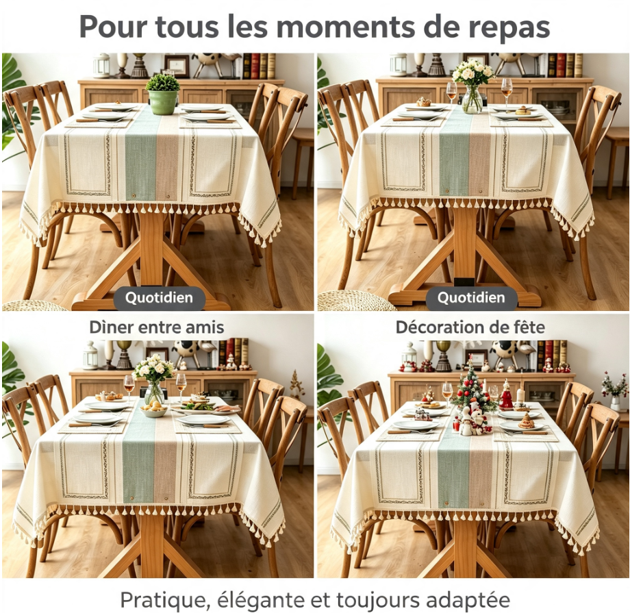 Nappe de table modulaire 3‑en‑1, ensemble complet avec chemin de table et 4 sets de table amovibles, tissu coton‑lin décoration intérieure
