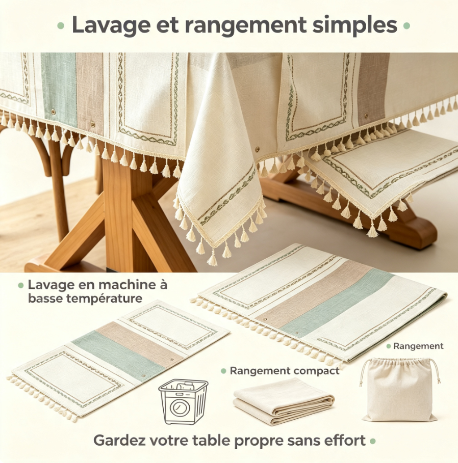 Nappe de table modulaire 3‑en‑1, ensemble complet avec chemin de table et 4 sets de table amovibles, tissu coton‑lin décoration intérieure