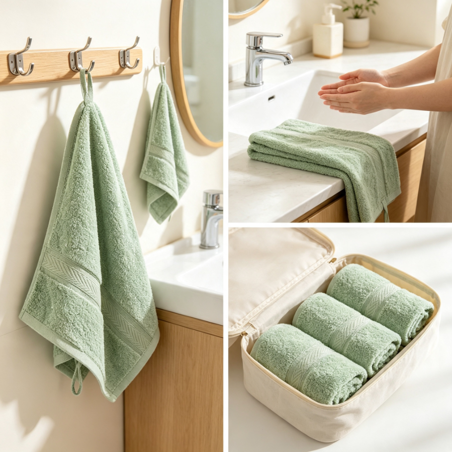 Set de serviettes en bambou antibactérien, boucles de suspension, ultra‑absorbant et séchage rapide pour salle de bain